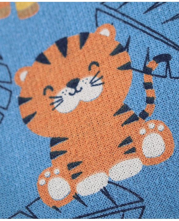 Babyhug 100% Cotton Knit Dungarees & Full Sleeves T-Shirt With Striped & Animals Print - Orange & Blue