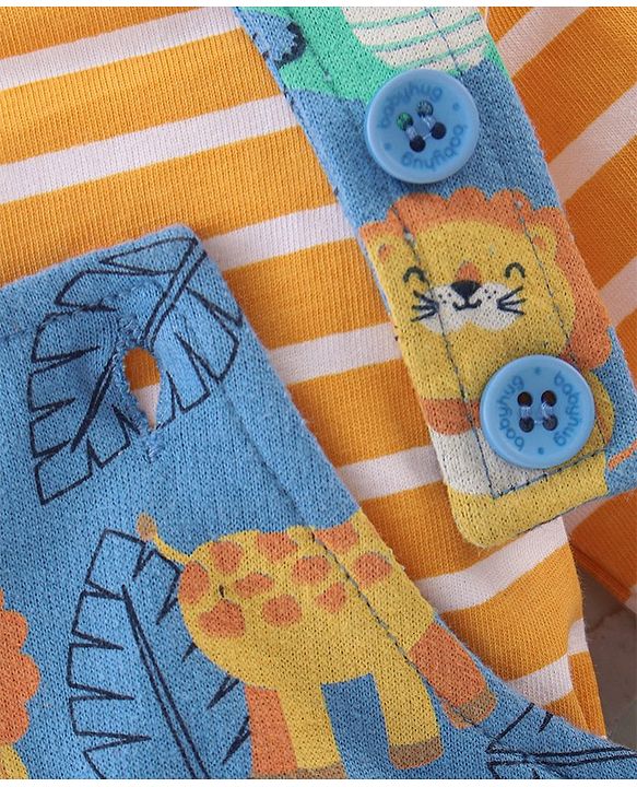 Babyhug 100% Cotton Knit Dungarees & Full Sleeves T-Shirt With Striped & Animals Print - Orange & Blue