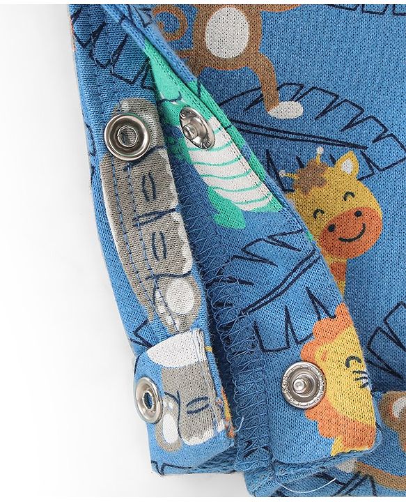 Babyhug 100% Cotton Knit Dungarees & Full Sleeves T-Shirt With Striped & Animals Print - Orange & Blue