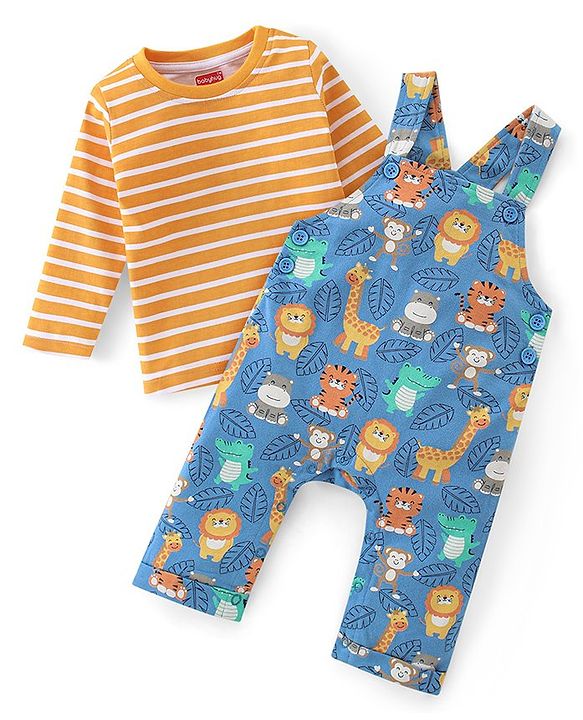 Babyhug 100% Cotton Knit Dungarees & Full Sleeves T-Shirt With Striped & Animals Print - Orange & Blue