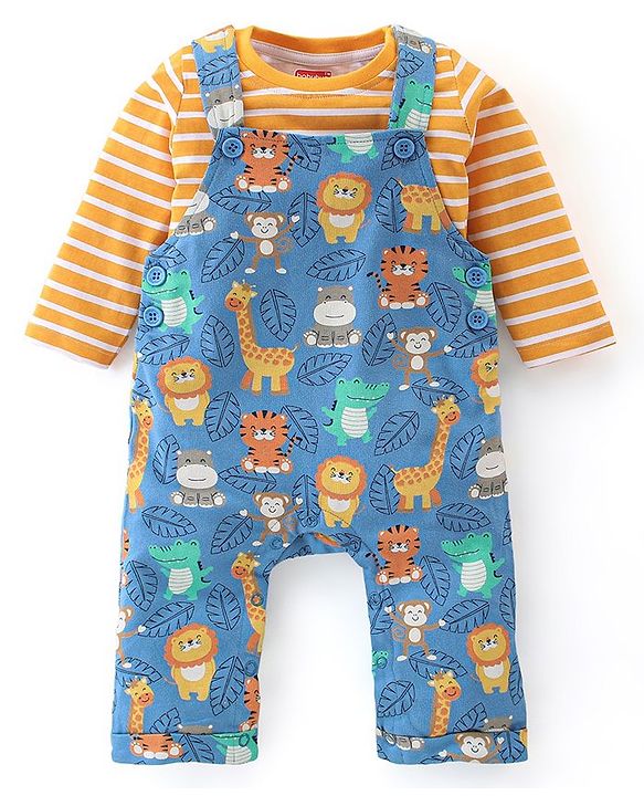 Babyhug 100% Cotton Knit Dungarees & Full Sleeves T-Shirt With Striped & Animals Print - Orange & Blue