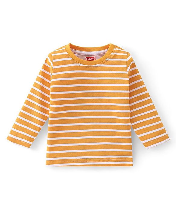 Babyhug 100% Cotton Knit Dungarees & Full Sleeves T-Shirt With Striped & Animals Print - Orange & Blue