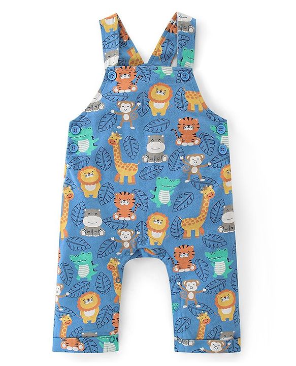 Babyhug 100% Cotton Knit Dungarees & Full Sleeves T-Shirt With Striped & Animals Print - Orange & Blue