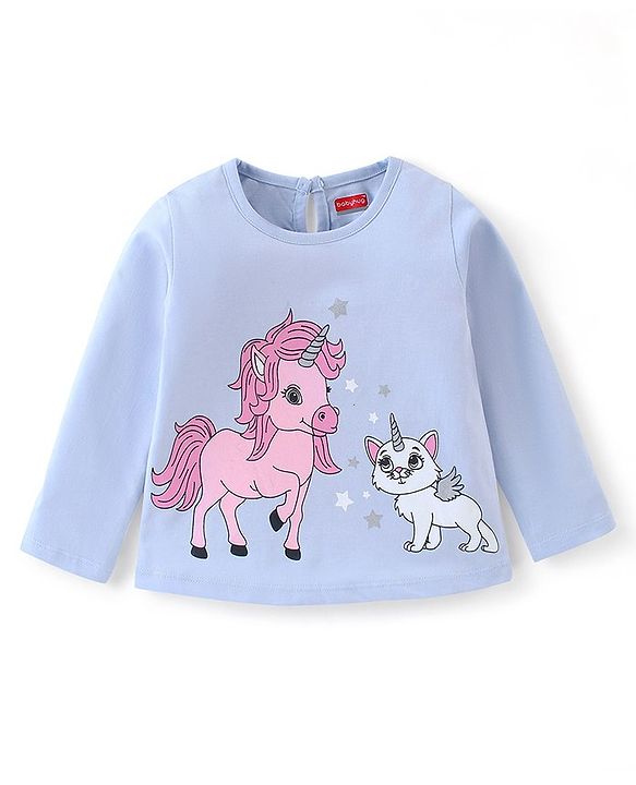 Babyhug Cotton Full Sleeves Tee With Unicorn Graphics - Blue