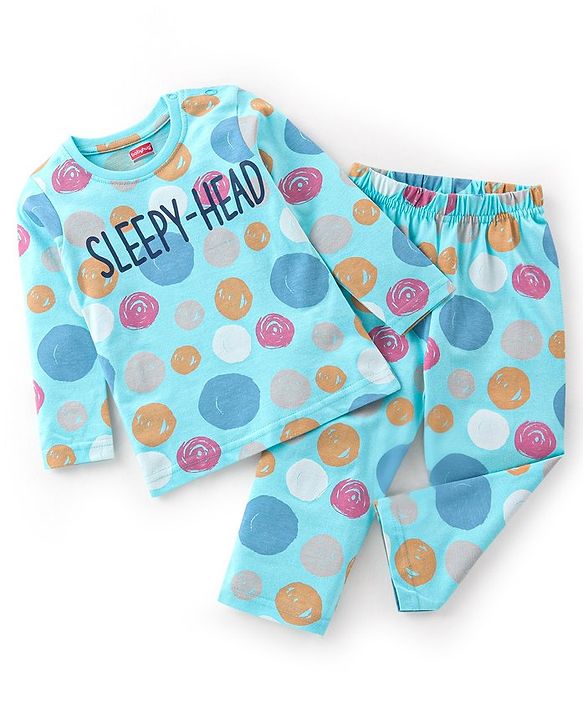 Babyhug Cotton Knit Full Sleeves Text Printed Night Suit - Blue