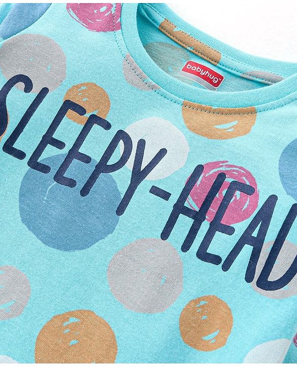 Babyhug Cotton Knit Full Sleeves Text Printed Night Suit - Blue