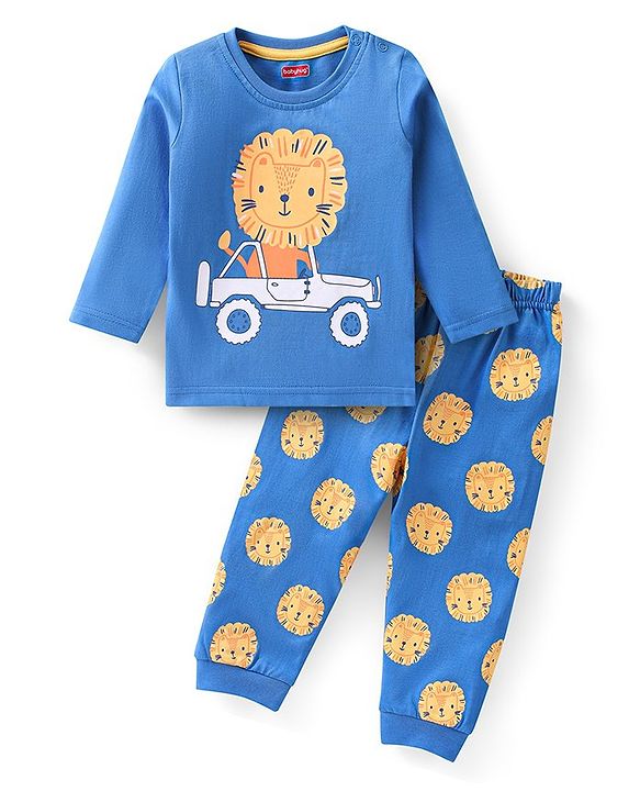 Babyhug Cotton Knit Full Sleeves Lion Printed Night Suit - Blue