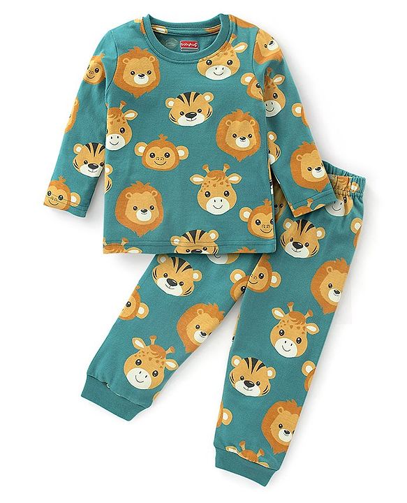 Babyhug Single Jersey Full Sleeves Night Suit with Lion Print - Green