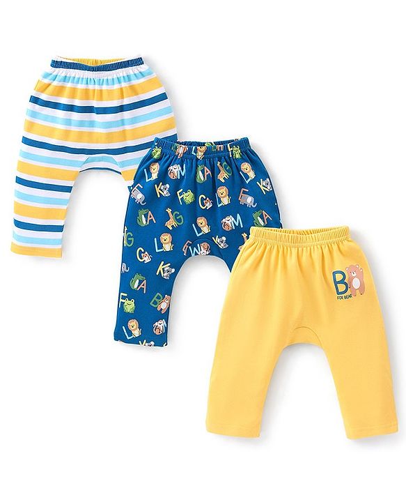 Babyhug Cotton Full Length Diaper Pants Striped & Printed Pack of 3 - Blue & Yellow