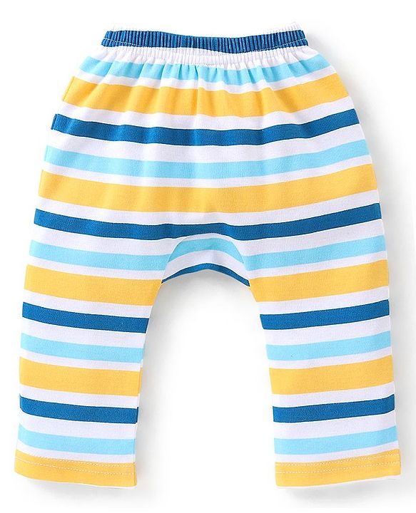 Babyhug Cotton Full Length Diaper Pants Striped & Printed Pack of 3 - Blue & Yellow