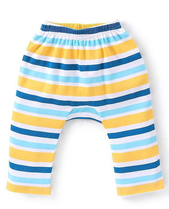 Babyhug Cotton Full Length Diaper Pants Striped & Printed Pack of 3 - Blue & Yellow