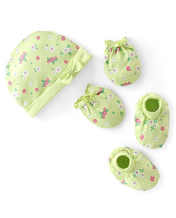 Babyhug 100% Cotton Knit  Cap Mittens & Booties Floral Print -Green