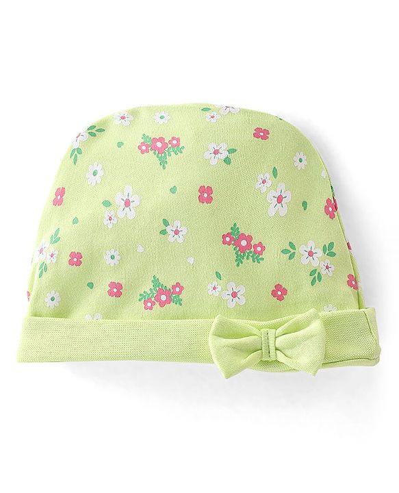 Babyhug 100% Cotton Knit  Cap Mittens & Booties Floral Print -Green