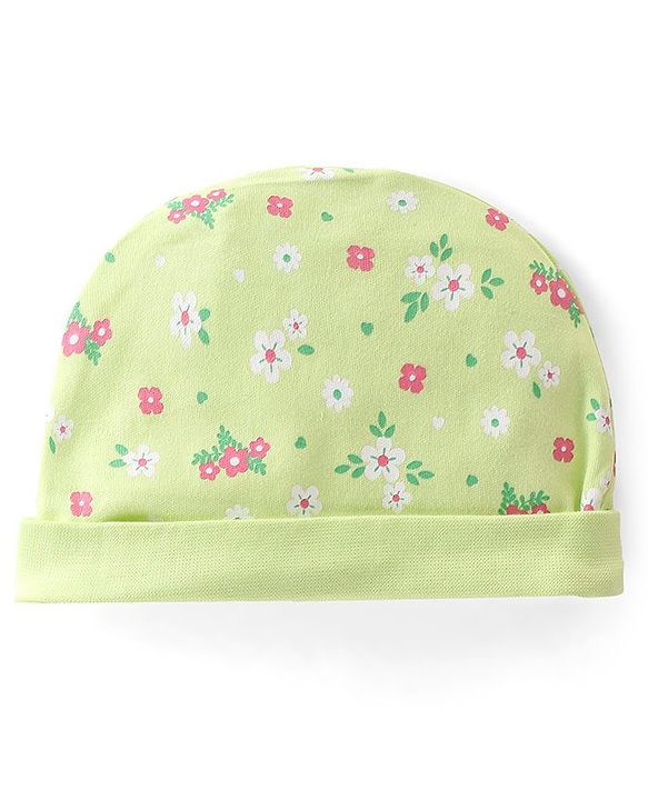 Babyhug 100% Cotton Knit  Cap Mittens & Booties Floral Print -Green