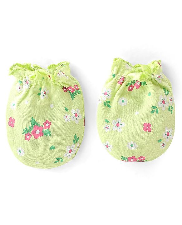 Babyhug 100% Cotton Knit  Cap Mittens & Booties Floral Print -Green