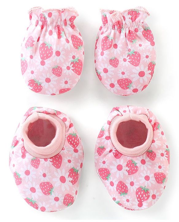 Babyhug 100% Cotton Knit Floral Printed Mittens & Booties -Pink