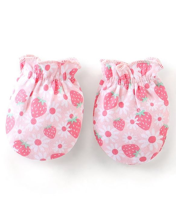 Babyhug 100% Cotton Knit Floral Printed Mittens & Booties -Pink