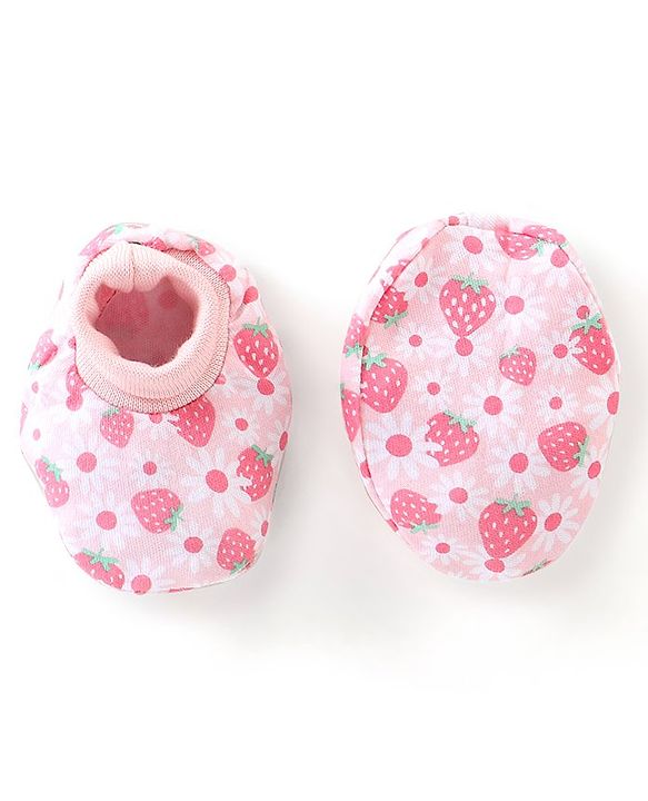 Babyhug 100% Cotton Knit Floral Printed Mittens & Booties -Pink