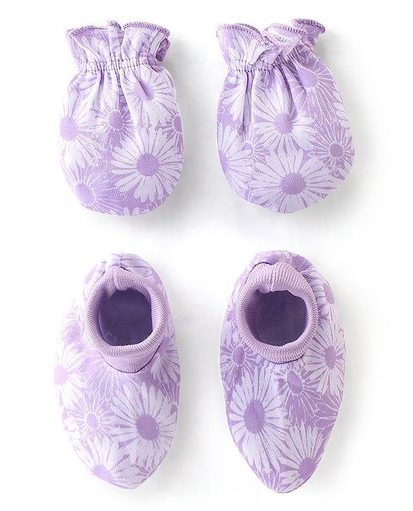 Babyhug 100% Cotton Knit Floral Print Mittens & Booties - Purple