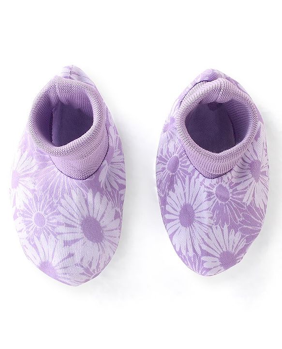 Babyhug 100% Cotton Knit Floral Print Mittens & Booties - Purple