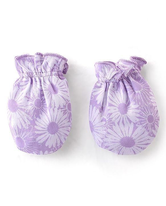 Babyhug 100% Cotton Knit Floral Print Mittens & Booties - Purple