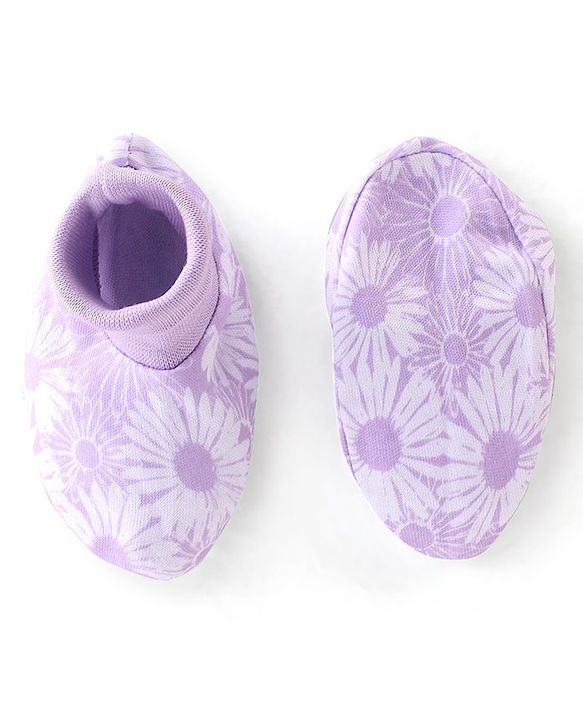 Babyhug 100% Cotton Knit Floral Print Mittens & Booties - Purple