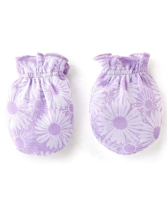 Babyhug 100% Cotton Knit Floral Print Mittens & Booties - Purple