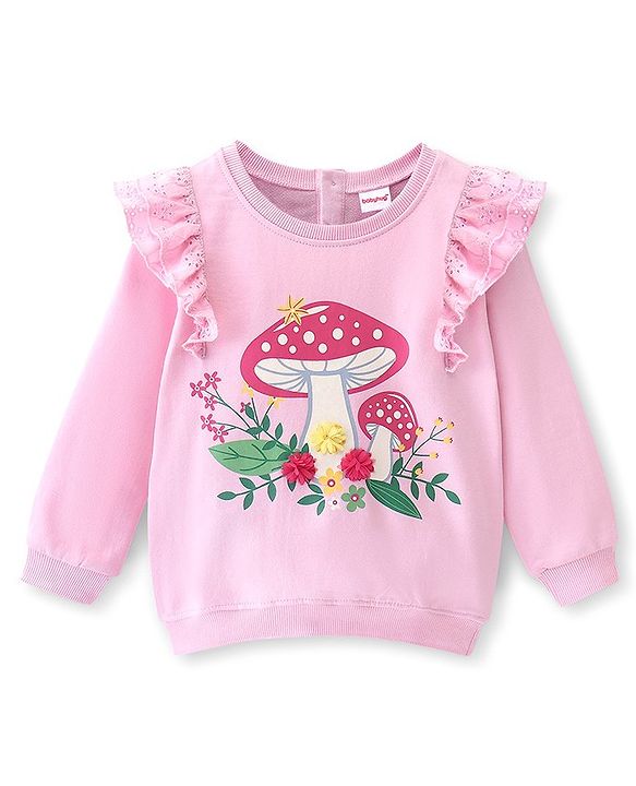 Babyhug Cotton Knit Full Sleeves Sweatshirt With Mushroom Graphics & Frill Detailing - Pink