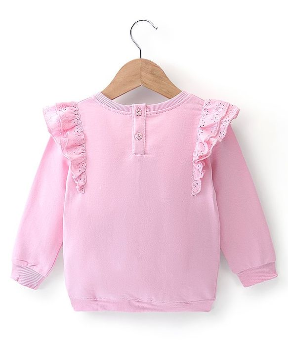 Babyhug Cotton Knit Full Sleeves Sweatshirt With Mushroom Graphics & Frill Detailing - Pink