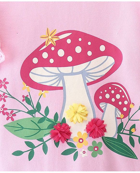Babyhug Cotton Knit Full Sleeves Sweatshirt With Mushroom Graphics & Frill Detailing - Pink
