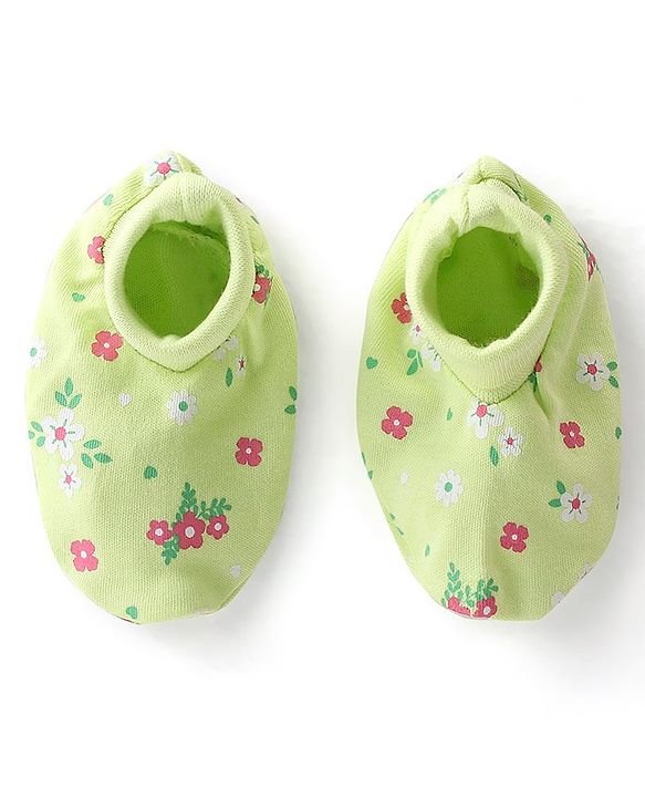 Babyhug 100% Cotton Interlock Knit Mittens & Booties Floral Print - Green