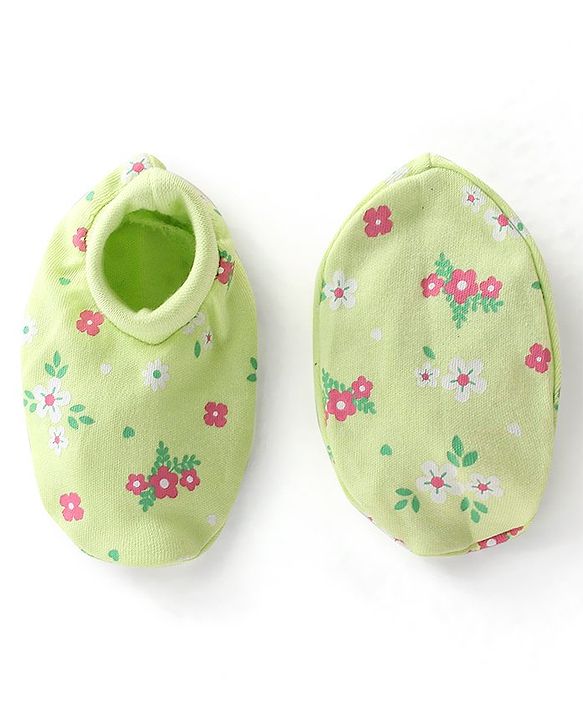 Babyhug 100% Cotton Interlock Knit Mittens & Booties Floral Print - Green