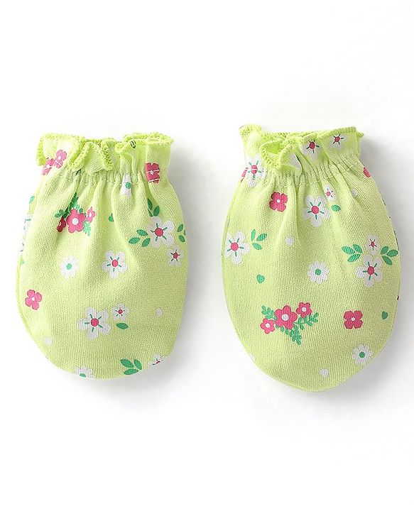 Babyhug 100% Cotton Interlock Knit Mittens & Booties Floral Print - Green