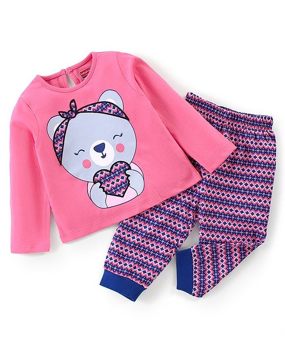 Babyhug Cotton Full Sleeves Night Suit Kitty Print- Pink & Purple