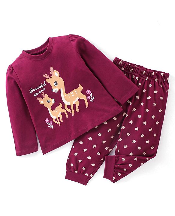 Babyhug Cotton Full Sleeves Night Suit Deer Print - Purple