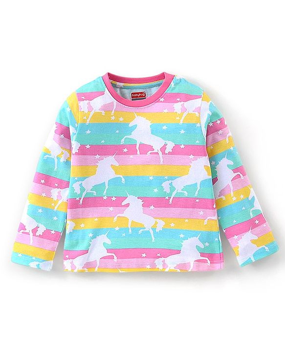 Babyhug Cotton Knit Single Jersey Full Sleeves Night Suit With Striped & Unicorn Print - Pink & Blue