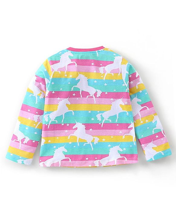 Babyhug Cotton Knit Single Jersey Full Sleeves Night Suit With Striped & Unicorn Print - Pink & Blue