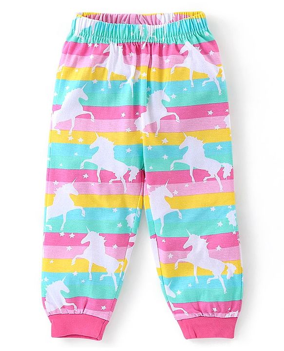 Babyhug Cotton Knit Single Jersey Full Sleeves Night Suit With Striped & Unicorn Print - Pink & Blue