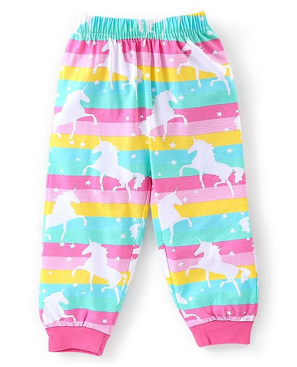 Babyhug Cotton Knit Single Jersey Full Sleeves Night Suit With Striped & Unicorn Print - Pink & Blue