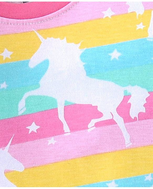 Babyhug Cotton Knit Single Jersey Full Sleeves Night Suit With Striped & Unicorn Print - Pink & Blue
