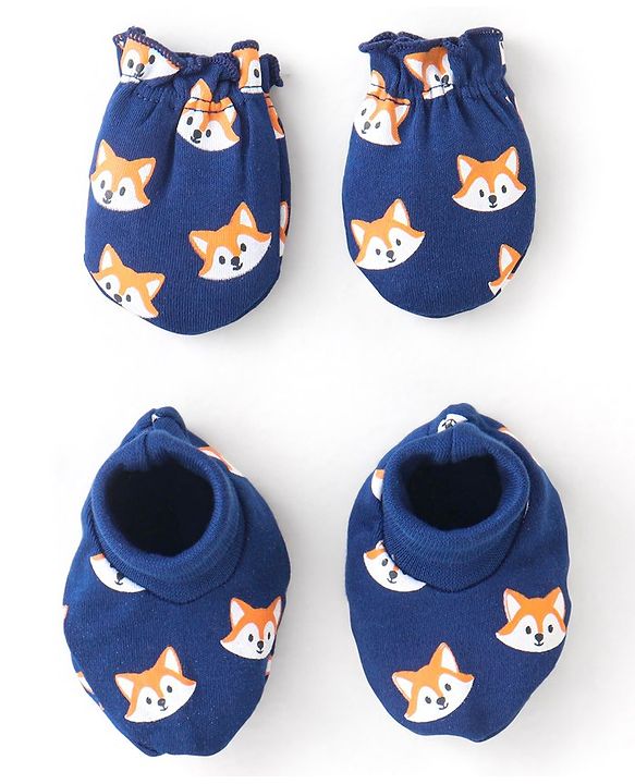 Babyhug 100% Cotton Knit Fox Printed Mittens & Booties Set - Navy Blue