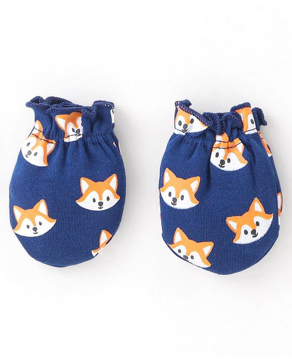 Babyhug 100% Cotton Knit Fox Printed Mittens & Booties Set - Navy Blue