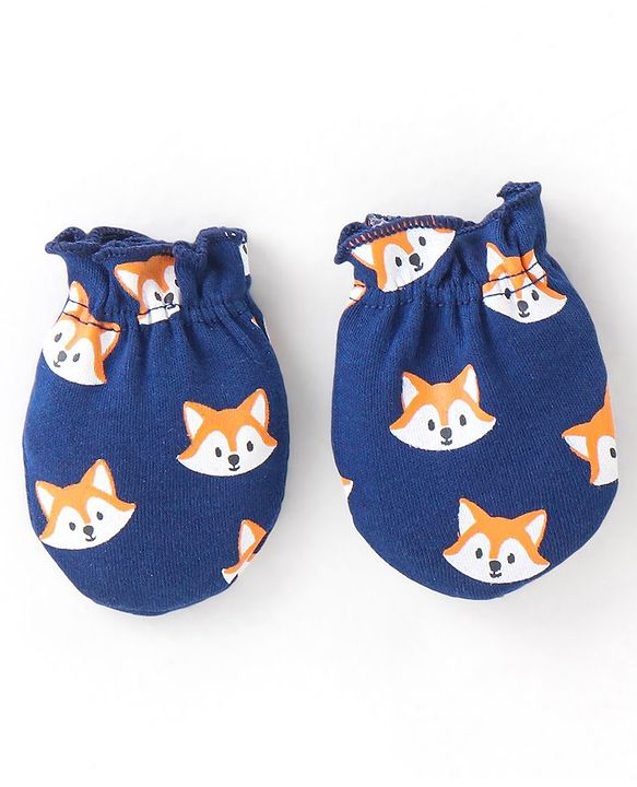 Babyhug 100% Cotton Knit Fox Printed Mittens & Booties Set - Navy Blue