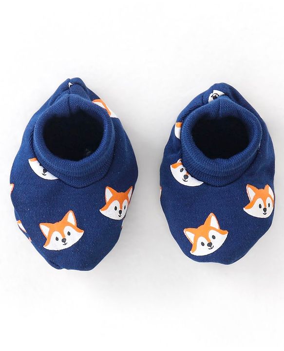 Babyhug 100% Cotton Knit Fox Printed Mittens & Booties Set - Navy Blue