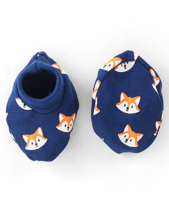 Babyhug 100% Cotton Knit Fox Printed Mittens & Booties Set - Navy Blue