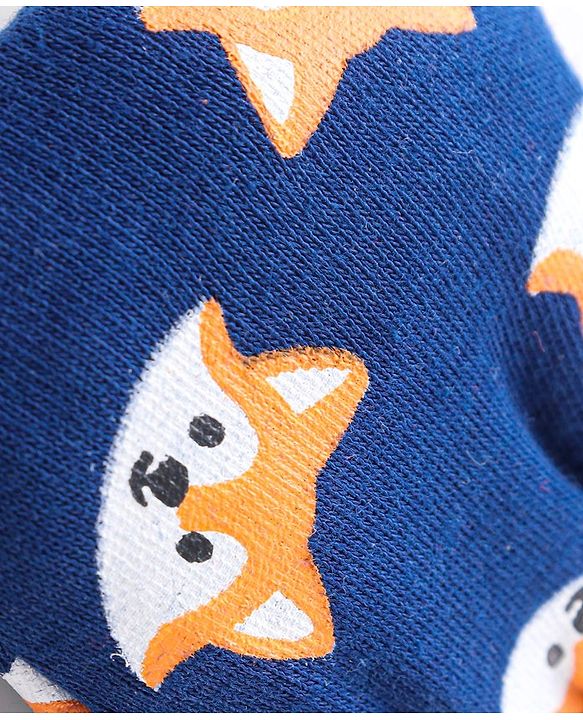 Babyhug 100% Cotton Knit Fox Printed Mittens & Booties Set - Navy Blue