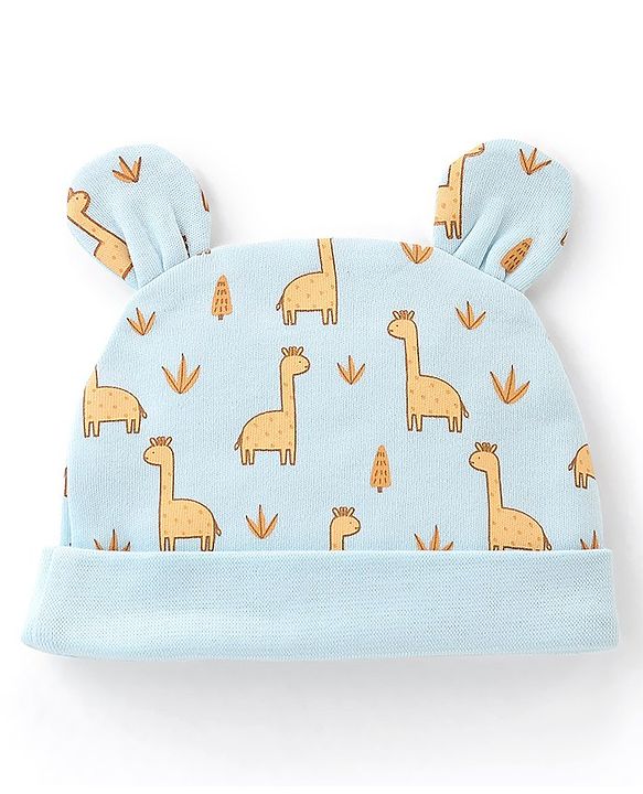Babyhug 100% Cotton Cap with 3D Ears Dino Print - Blue