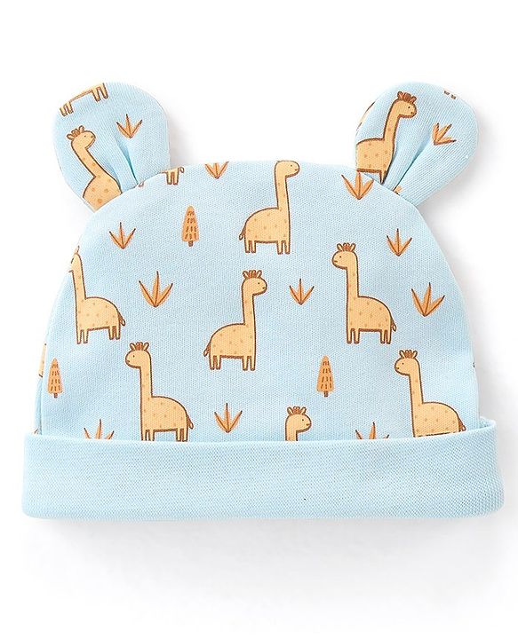 Babyhug 100% Cotton Cap with 3D Ears Dino Print - Blue