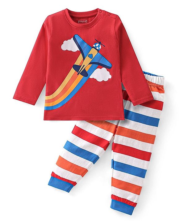 Babyhug Cotton Knit Full Sleeves Night Suit Air Plane Print - Red