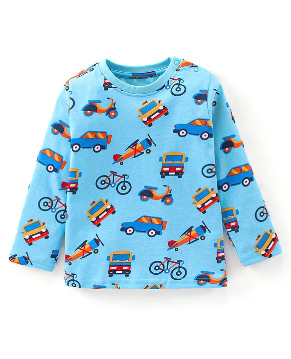 Babyhug Cotton Full Sleeves Night Suit Vehicles Print - Blue